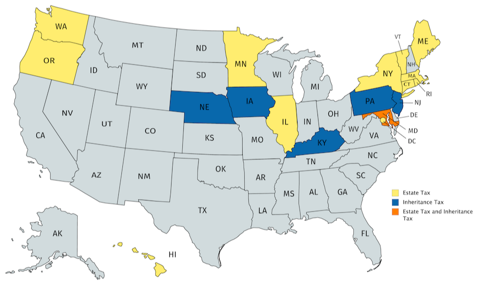 Which states have an estate tax or an inheritance tax? Map