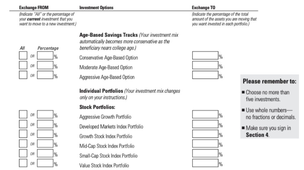 Example investment change form